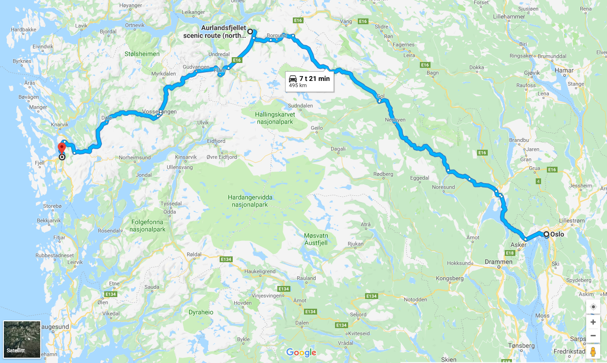 kart fra oslo til bergen Kjøre fra Oslo til Bergen via Aurlandsfjellet